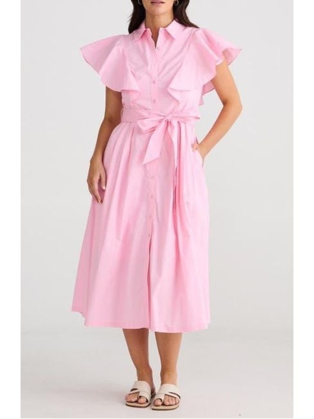 Flutter Sleeve Button-Front Midi Dress in Soft Pink
